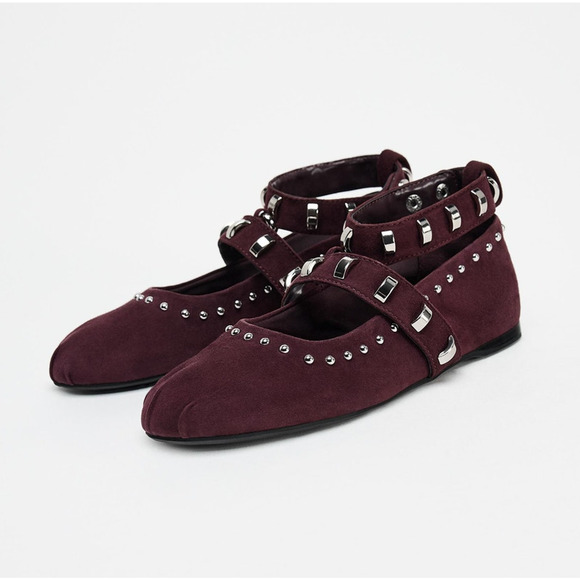 🍷 ZARA Leather Studded Ballet Flats NWT | Burgundy Suede Buckle Strap 7.5–8 - Picture 13 of 16